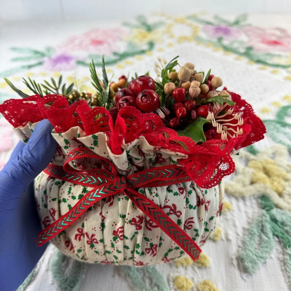 Vintage Christmas Floral Arrangement Fabric Pot Red Berry Lace Centerpiece